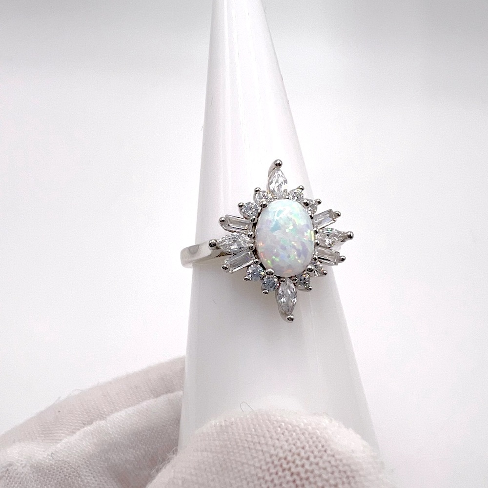 .925 Sterling Silver Lab Created White Opal and Clear Cz Ring
